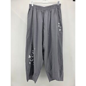 Womens Pants 2X Barrel Leg Cropped Gray Cotton Butterfly Graphic Elastic Waist